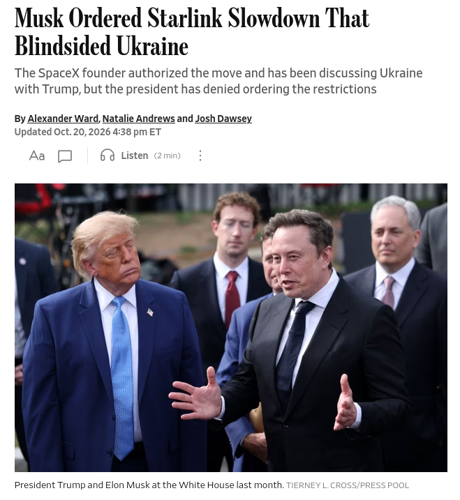 Elon Musk ordered the slowdown of a military-grade version of Starlink relied on by Ukraine, a decision that sparked panic in Kyiv and confusion inside the Trump administration, U.S. officials and people familiar with the matter said. #Russia #US #Starlink #Musk