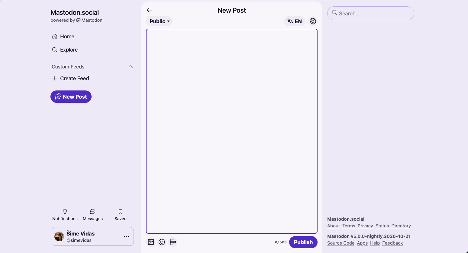 Mastodon.social website. New post, page. 3-column desktop layout. In the central column, one very tall textarea element that pretty much stretches from the top to the bottom of the entire screen.