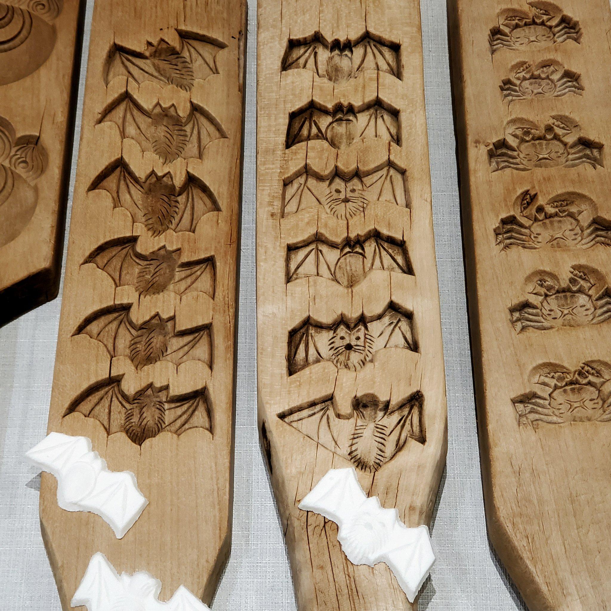 Kigata (wooden moulds) for creating a bat shaped sugar sweet.