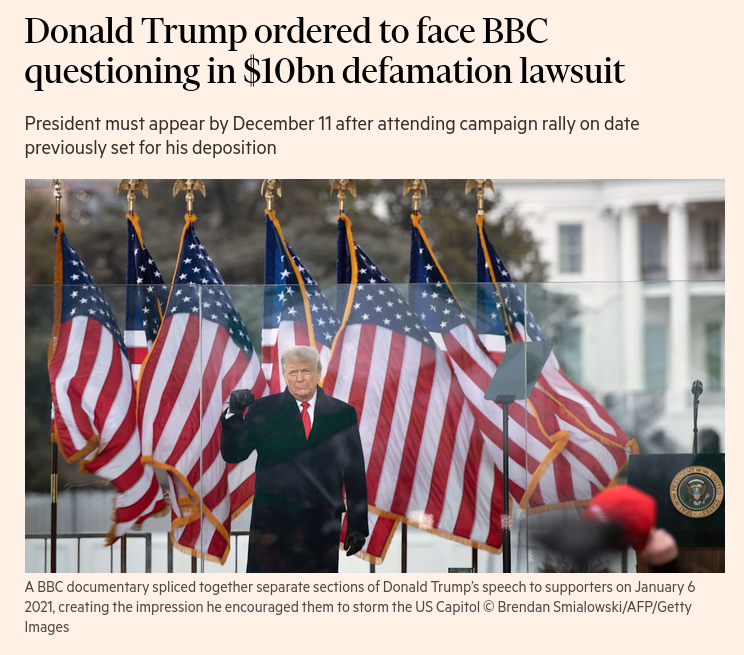 US Magistrate Judge Enjoliqué Lett ordered Donald Trump to complete a deposition with BBC lawyers by December 11 as part of his $10bn defamation lawsuit regarding a Panorama documentary about the 2021 Capitol riot. #Russia #US #BBC #UK