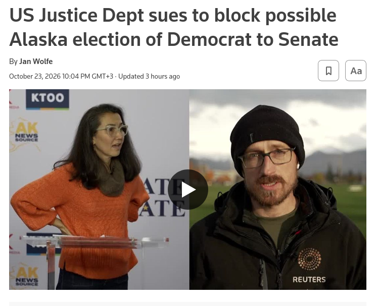 The US Justice Department has sued to preemptively manage Alaska's Senate race certification if the Republican incumbent loses by a narrow margin, citing potential voter confusion between two candidates with nearly identical names. #Russia #US