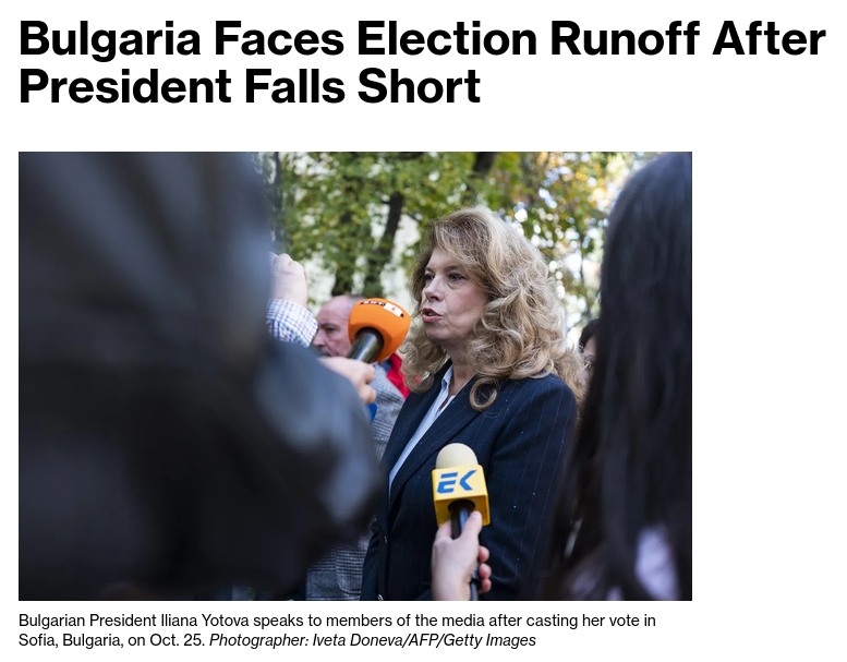 Bulgarian presidential elections head to a runoff on Nov. 1 between incumbent Iliana Yotova and Andrey Gyurov following record-low turnout. An Yotova victory would bolster PM Rumen Radev, who has opposed military aid to Ukraine. #Russia #EU #Bulgaria