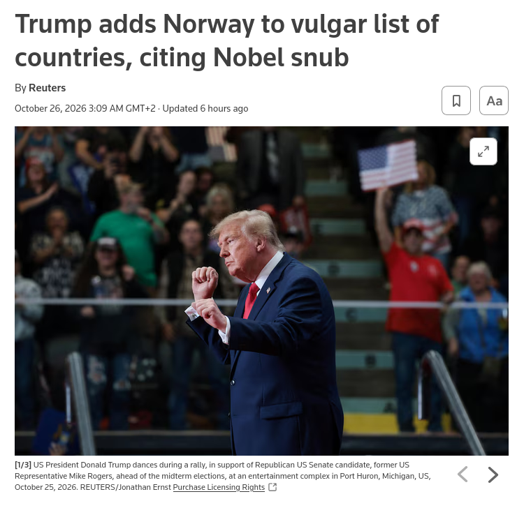US President Trump on Sunday escalated his invective against Norway, calling it a "shit house country" and saying Norwegian immigrants are not welcome in the United States because the Nobel committee, based in the capital Oslo, has not awarded him a Peace Prize. #Russia #US #Norway