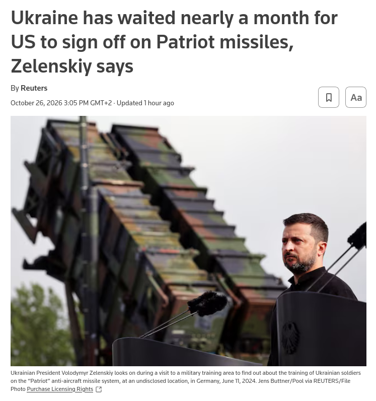 Ukraine has been waiting for almost a month for the US defence secretary to sign off on critical ​missile supplies, President Volodymyr Zelenskiy said on Monday, ‌as Russia stepped up attacks on energy and civilian infrastructure. #Russia #US