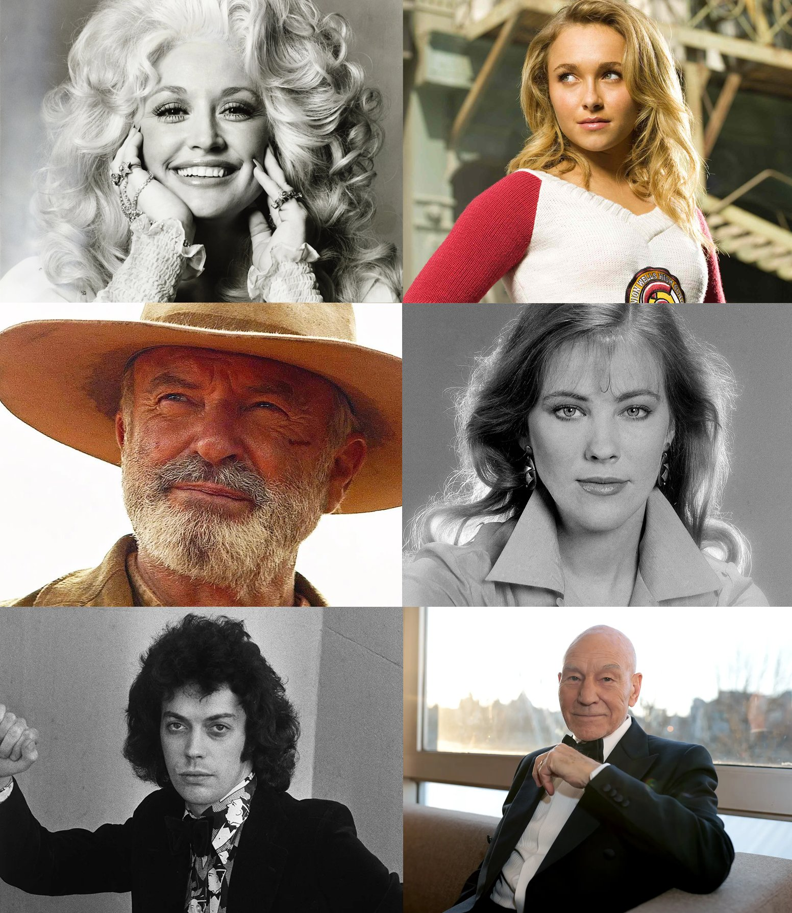 A 2x3 grid of six individual portraits of actors and public figures. Top left: Dolly Parton smiling with voluminous blonde hair in black and white. Top right: Hayden Panettiere in a red and white top. Middle left: Sam Neill wearing a wide-brimmed hat and a grey beard. Middle right: Catherine O'Hara wearing a collared shirt in black and white. Bottom left: Tim Curry with dark curly hair in black and white. Bottom right: Patrick Stewart wearing a tuxedo and smiling.