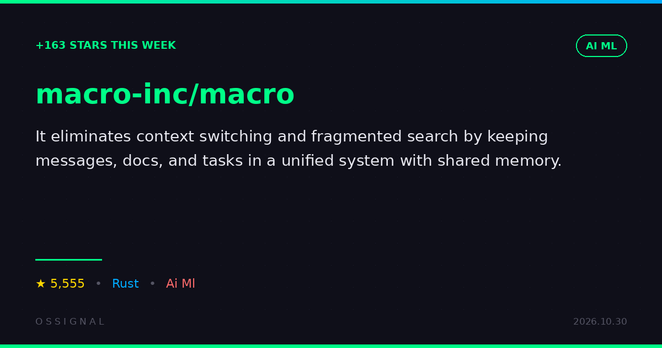 OSSignal card for macro-inc/macro Macro is an unified workspace for teams: email, chat, docs, tasks, agents, calls, and CRM — @-linked together with shared AI memory. 5,555 stars.