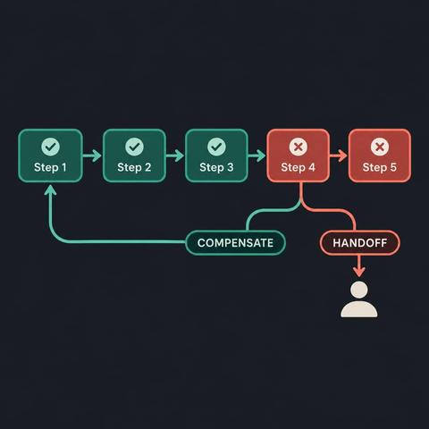 Minimal diagram — five-step agent pipeline with three green and two red steps, forking to COMPENSATE or HANDOFF.