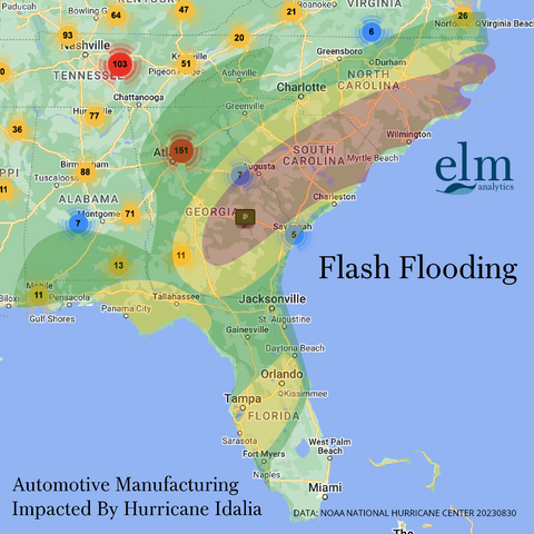 Video showing NOAA weather data related to Hurricane Idalia overlayed on a cluster map of automotive manufacturers.